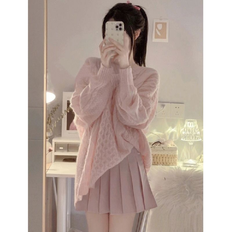 [Two-piece suit] Korean sweet pullover sweater women's lazy wind loose knit top student pleated skirt