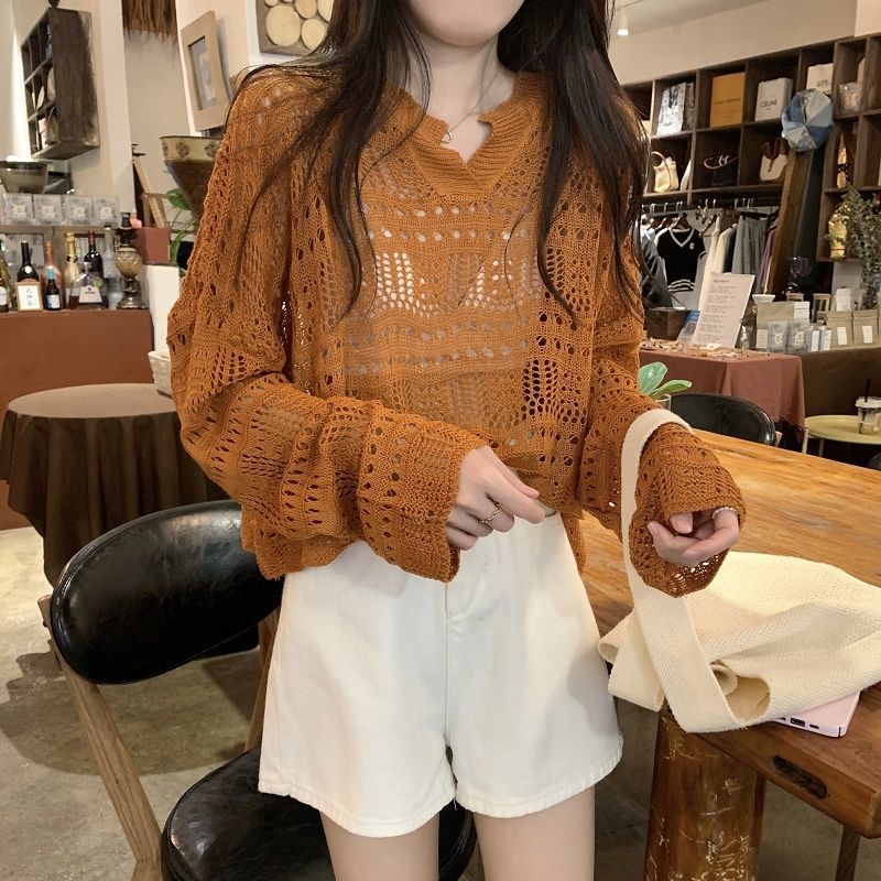 Short hollow long-sleeved top with a sense of design for women. Sweet and Korean-style loose and large-size autumn thin blouse.