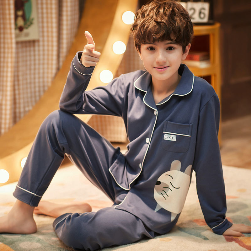 Children's pajamas, boys' autumn and winter long-sleeved cotton cardigans, boys' cotton 12-year-old children's 15-year-old home clothes set