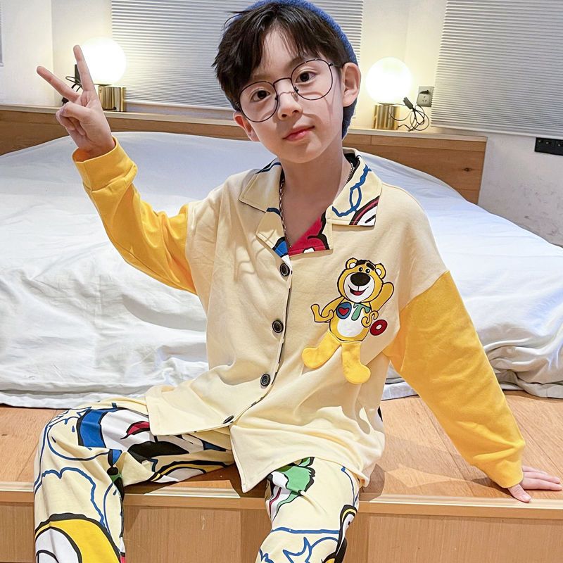 Children's pajamas, boys' autumn and winter long-sleeved cotton cardigans, boys' cotton 12-year-old children's 15-year-old home clothes set