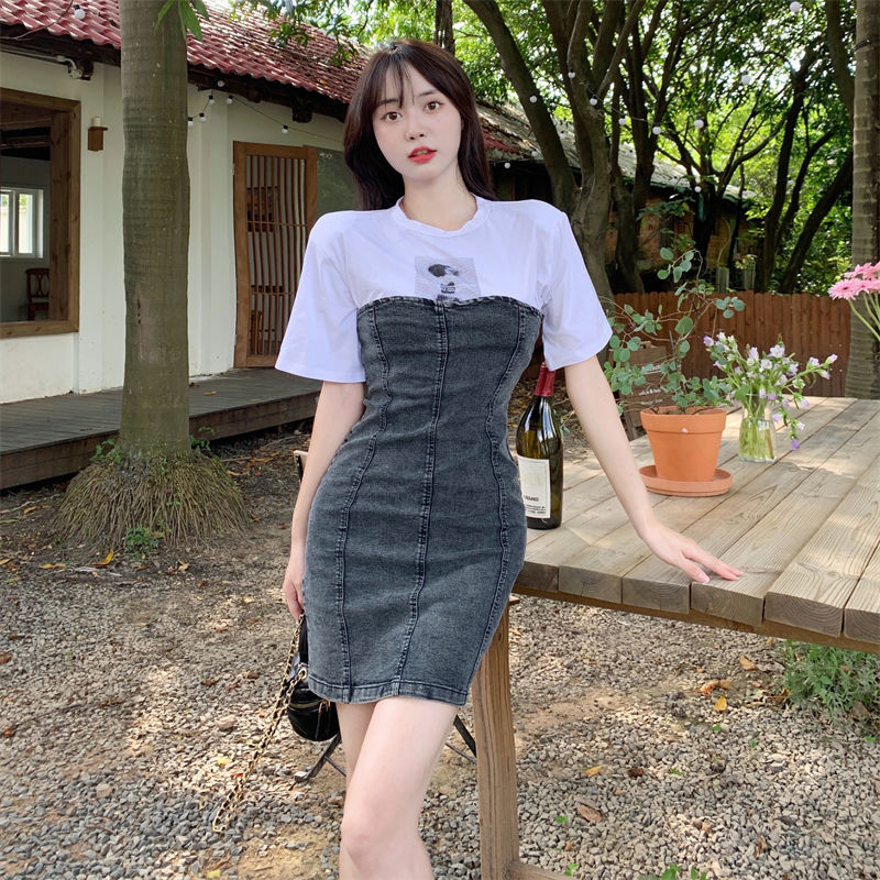 減齡氣質假兩件抹胸牛仔連衣裙女夏季大碼胖mm收腰顯瘦包臀短裙子