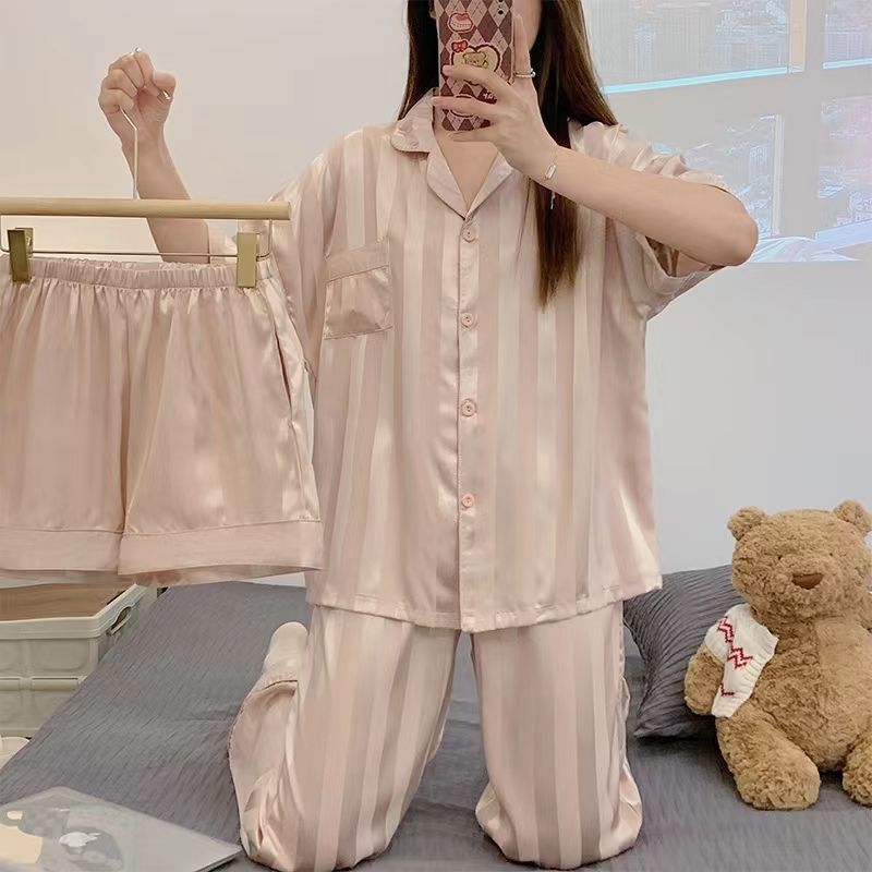 [Three-piece set] Ladies' pajamas spring and summer style ice silk net red style high-quality short-sleeved loose and home clothes that can be worn outside