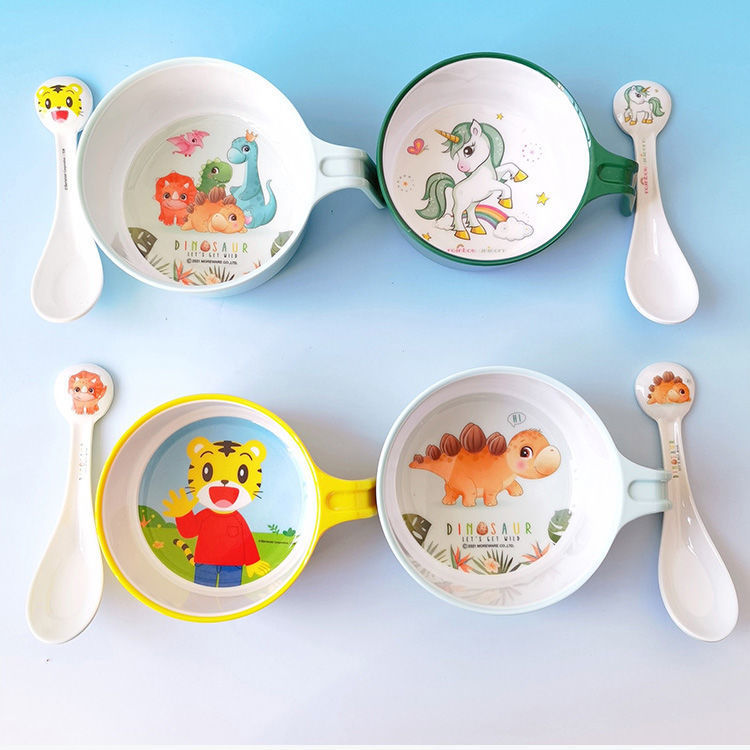 五和手柄碗儿童餐具宝宝碗耐摔防烫家用卡通碗勺套装婴儿辅食碗