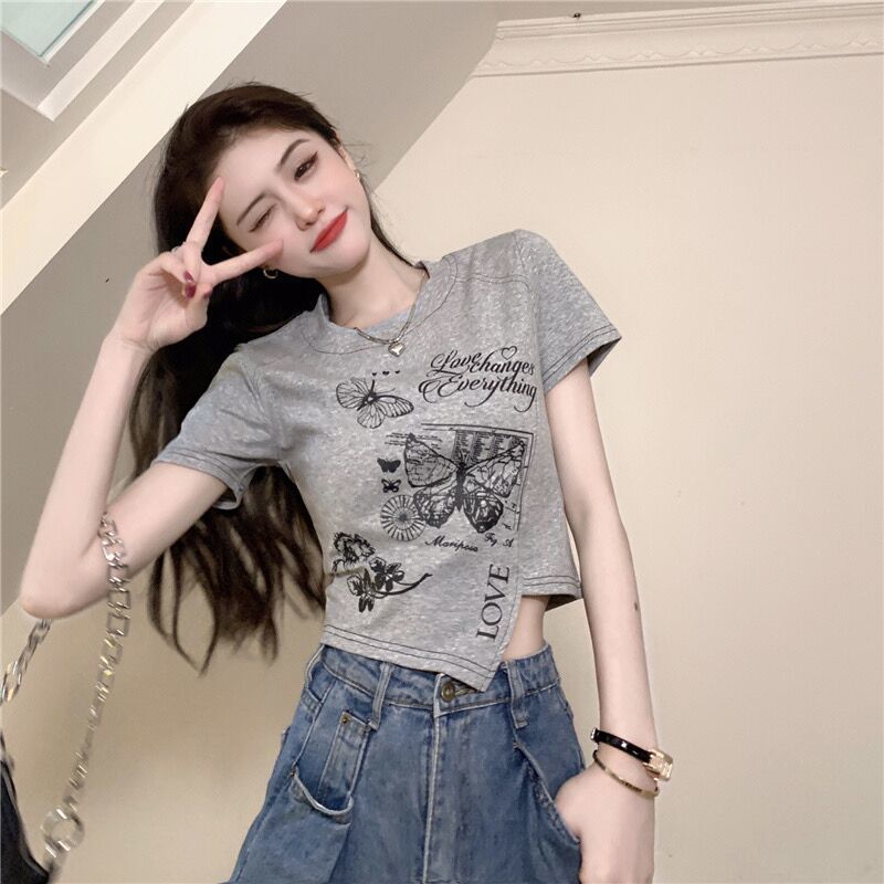 Niche chic tight short top female small temperament American retro shoulder hot girl summer short-sleeved T-shirt