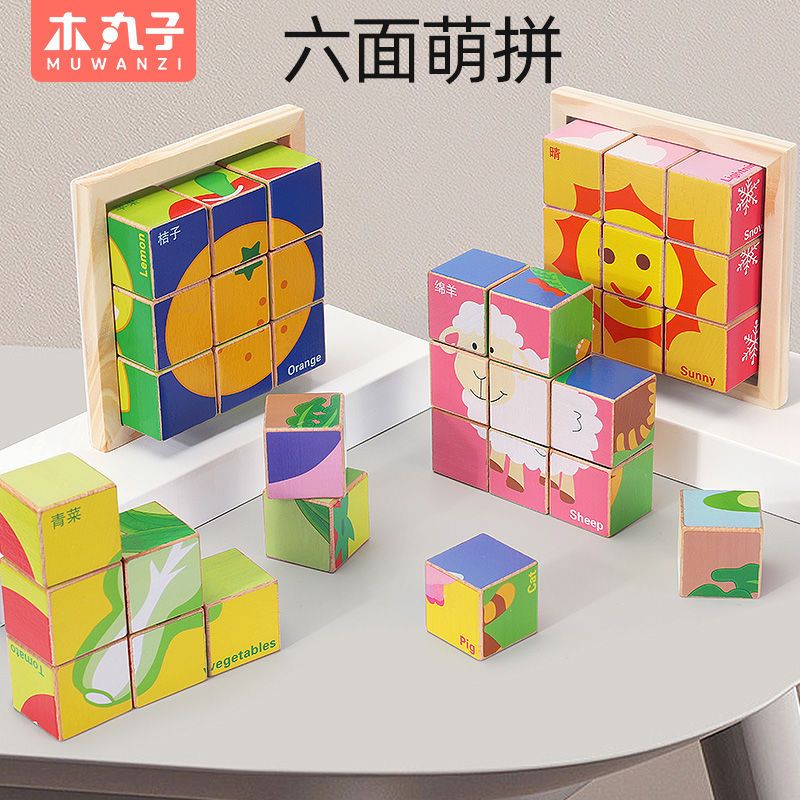 儿童益智木头3d立体模型拼装玩具幼儿园男女孩木质六面画拼图积木