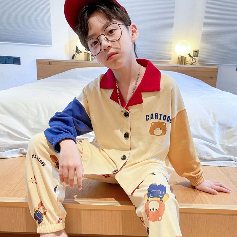 Children's pajamas, boys' autumn and winter long-sleeved cotton cardigans, boys' cotton 12-year-old children's 15-year-old home clothes set