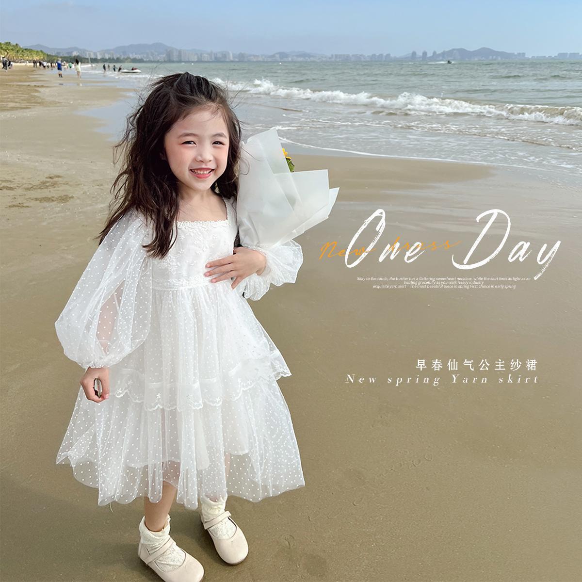 女童連衣裙秋裝小童紗裙洋氣時髦子兒童周歲禮服春秋季小孩婚紗裙