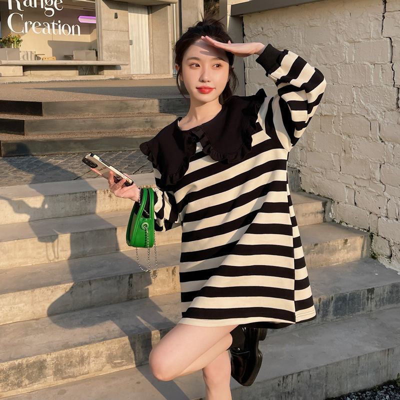 Spring and autumn new Korean version of large size fat MM striped dress female design sense niche loose slim skirt 200 catties