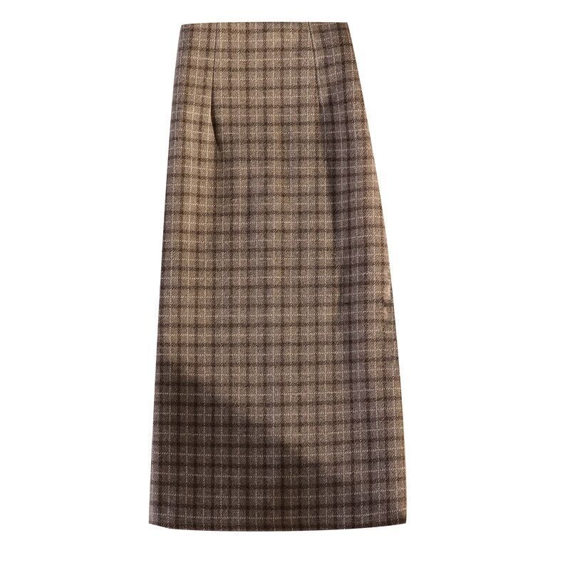 Autumn and winter thickened woolen plaid skirt for women 2023 new high-waisted A-line hip skirt over-the-knee slit mid-length skirt