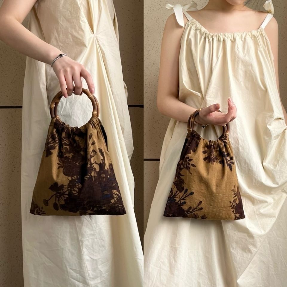 复古棉麻新中式单肩布袋包棕咖印花包旗袍风古典包