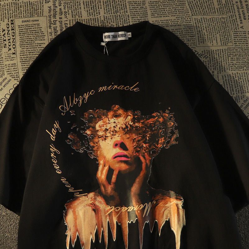 100% cotton oil painting abstract character short-sleeved T-shirt for men summer loose European and American trend brand half-sleeved top T-shirt
