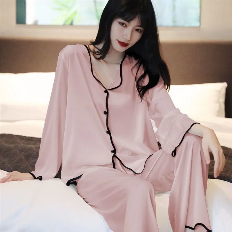 Women's pajamas that can be worn outside in spring and autumn ice silk long-sleeved thin section Internet celebrity hot style home service spring and summer suit  new