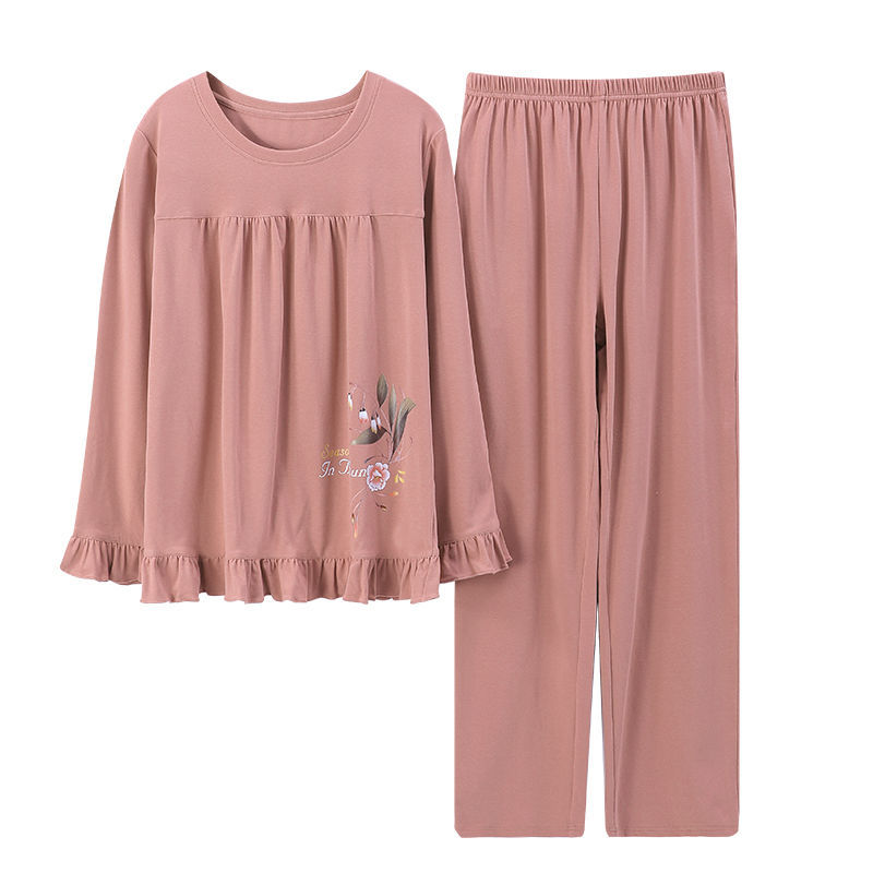 100%純棉睡衣女長袖春秋款中年媽媽大碼圓領套裝中老年人家居服冬
