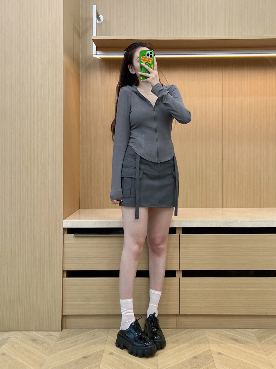 大碼女裝2022秋季純欲修身顯瘦短款連帽上衣女胖mm工裝半身裙套裝