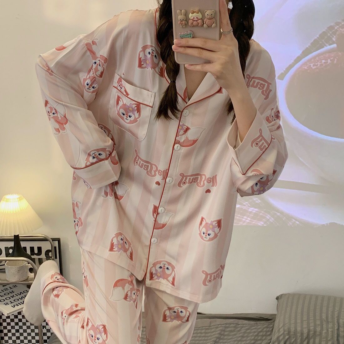 Women's pajamas spring and autumn long-sleeved cardigan thin section cool ice silk student cute loose home service suit spring and summer