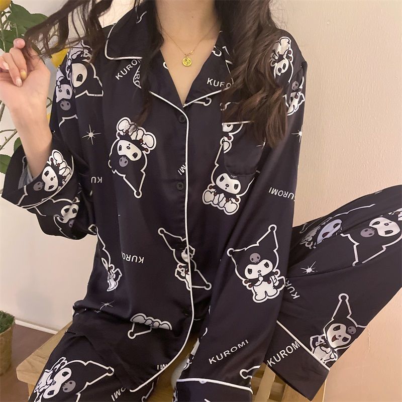 Women's pajamas spring and autumn long-sleeved cardigan thin section cool ice silk student cute loose home service suit spring and summer