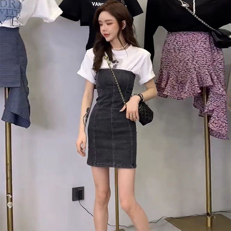 減齡氣質假兩件牛仔連衣裙女夏季大碼胖mm收腰顯瘦拼接包臀短裙子