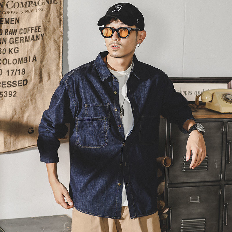 American retro tooling denim shirt men's long-sleeved 2022 new trendy brand casual plus-size men's shirt jacket