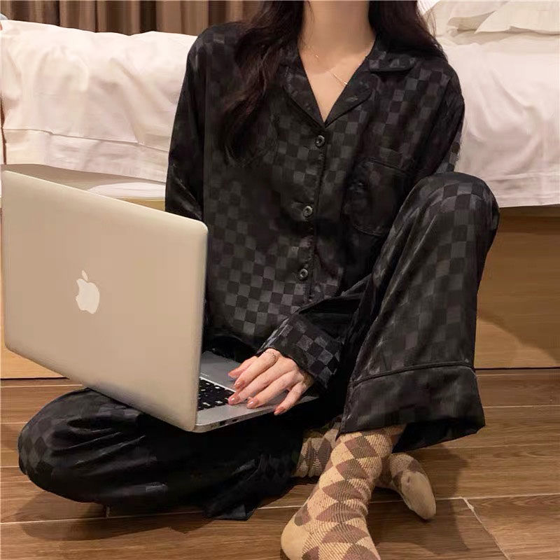 Women's pajamas spring and autumn long-sleeved cardigan thin section ice silk cool student cute loose home service suit spring and summer