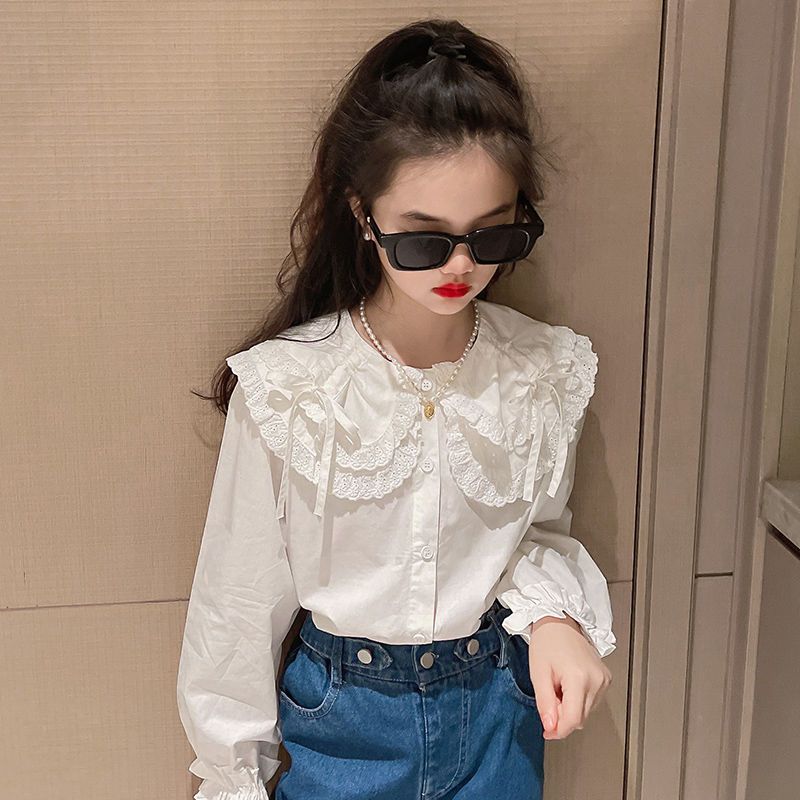 [Pure cotton] Girls middle and big children's autumn shirt 2023 new lace doll collar shirt casual foreign style top