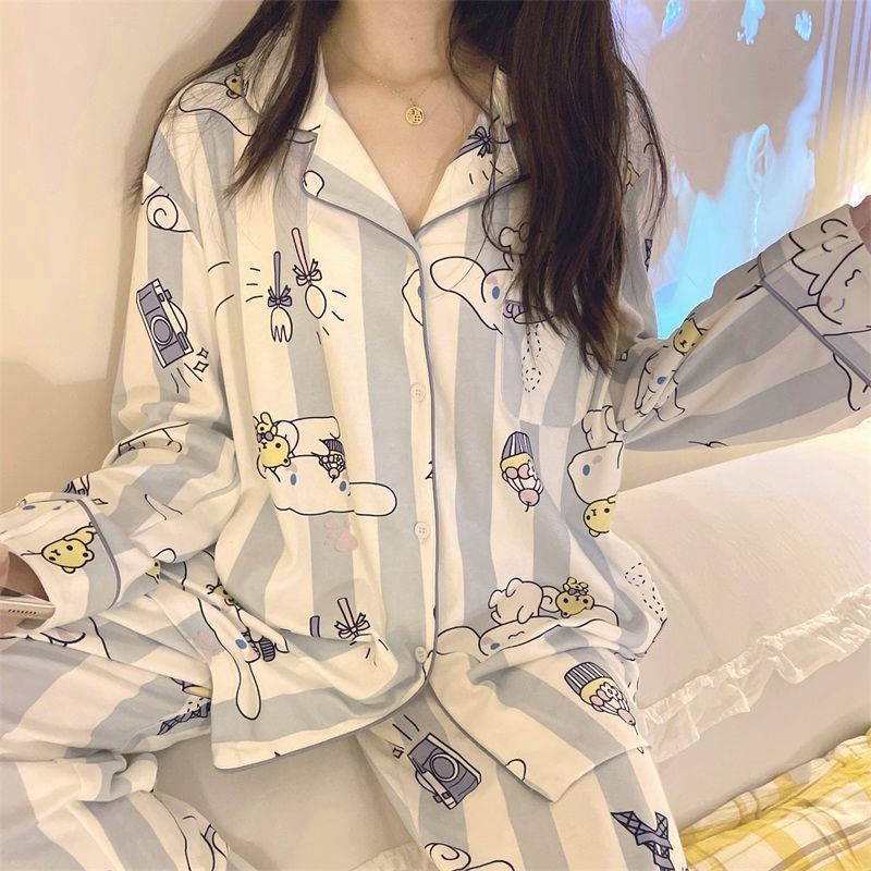 Women's pajamas spring and autumn long-sleeved cardigan thin section cool ice silk student cute loose home service suit spring and summer