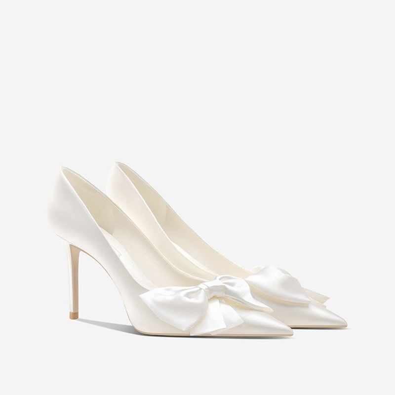 法式白色缎面高跟鞋小众高级感新款日常可穿婚鞋新娘蝴蝶结单鞋女