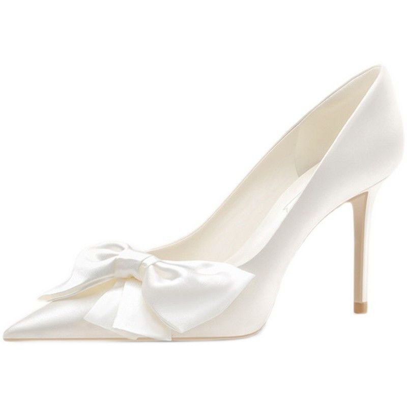 法式白色缎面高跟鞋小众高级感新款日常可穿婚鞋新娘蝴蝶结单鞋女