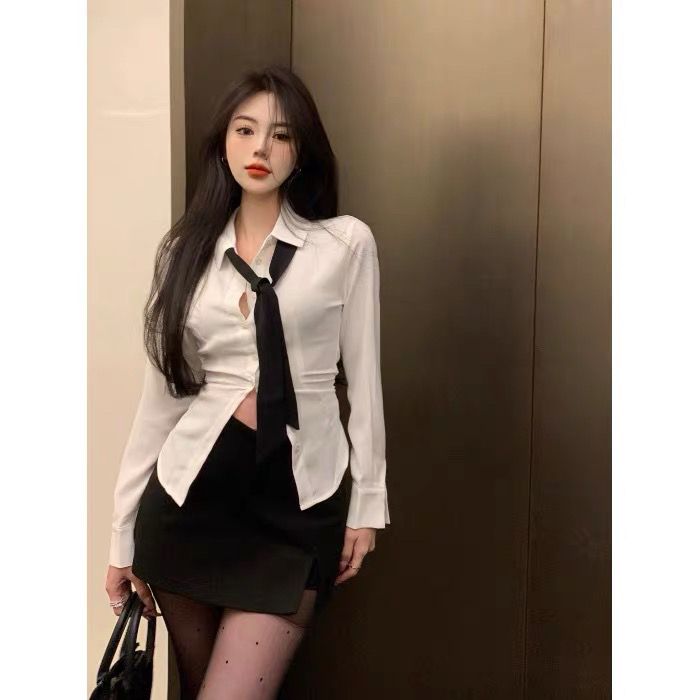 純欲風辣妹套裝女2022秋季新款性感修身襯衫高腰半身包臀裙兩件套