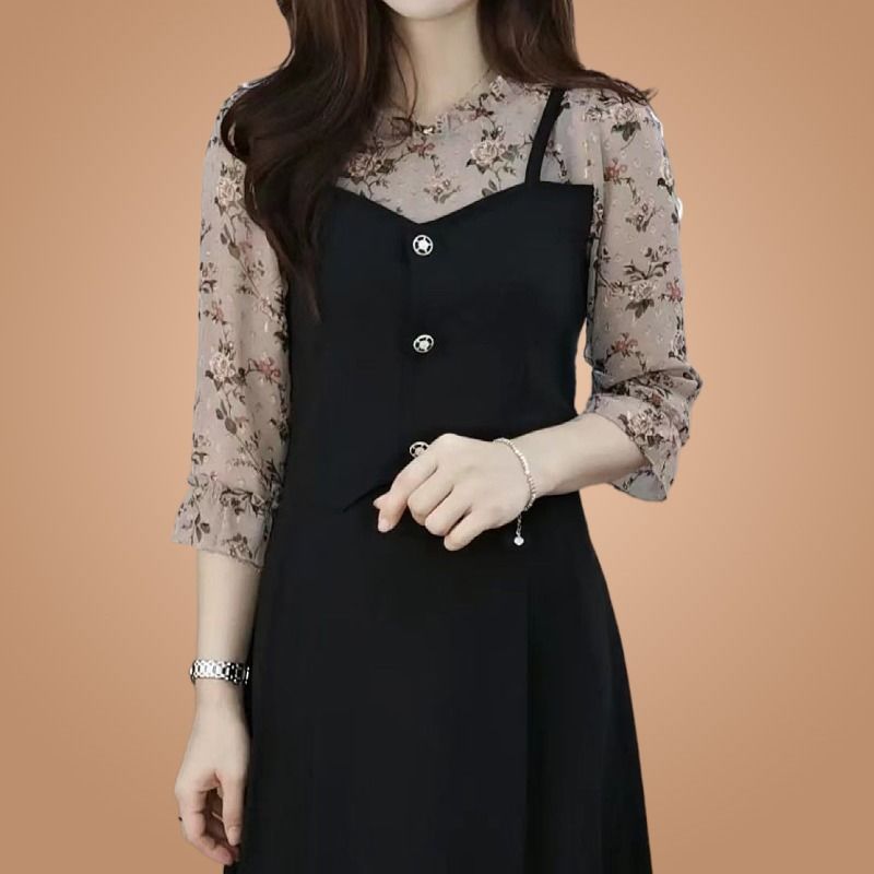 大碼女裝假兩件吊帶印花連衣裙2023新款時尚高端收腰顯瘦洋氣裙子
