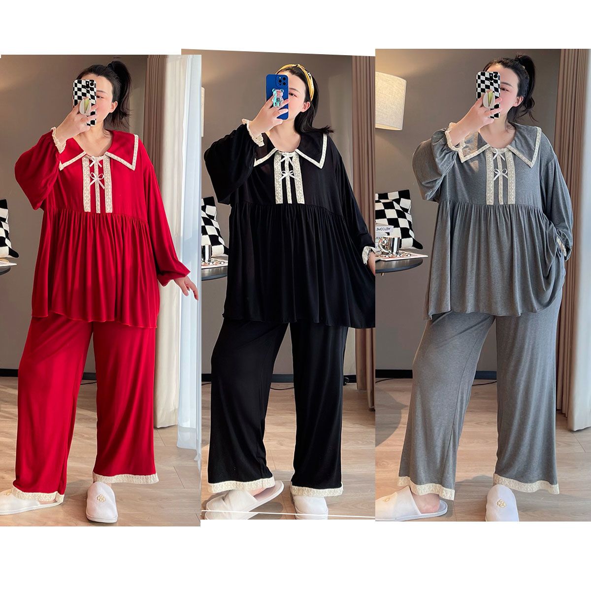 Large size 300 catties pajamas long-sleeved doll collar set plus fat MM240 catties loose home clothes can be worn outside