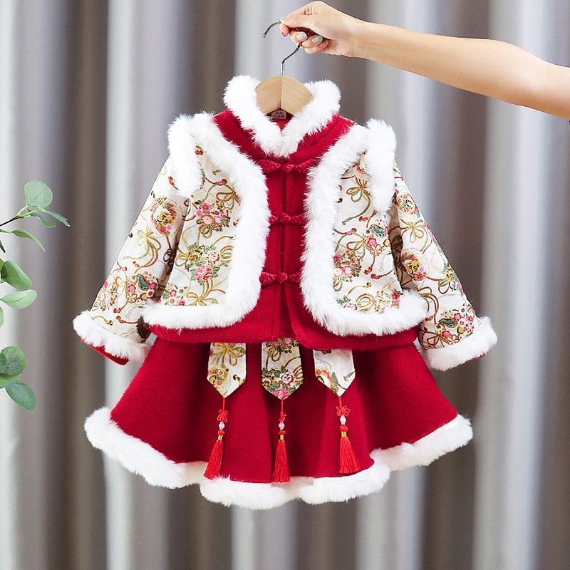 漢服女童冬裝新年衣服兒童中國風童裝加絨唐裝小童過年寶寶拜年服