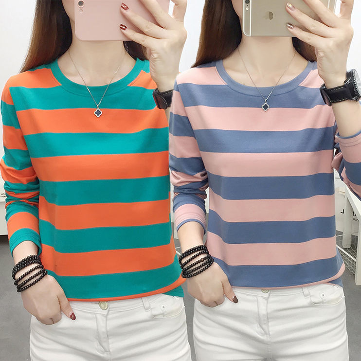 Pure cotton long-sleeved T-shirt women's new 2023 spring and autumn women's middle-aged mother striped loose large size bottoming shirt top