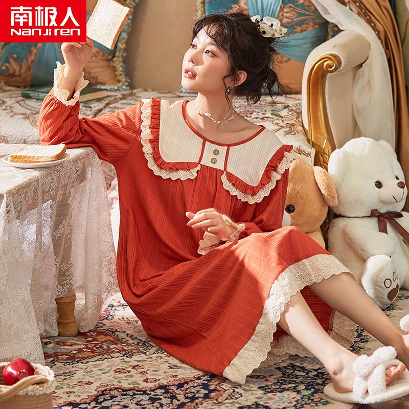 Nightdress women's long-sleeved cotton spring and autumn pregnant women large size pajamas 2023 new loose home service dress skirt