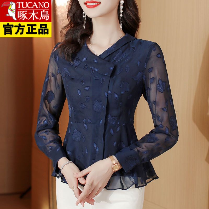 Woodpecker brand high-end chiffon shirt women  autumn new fashion temperament mom shirt top women's long-sleeved