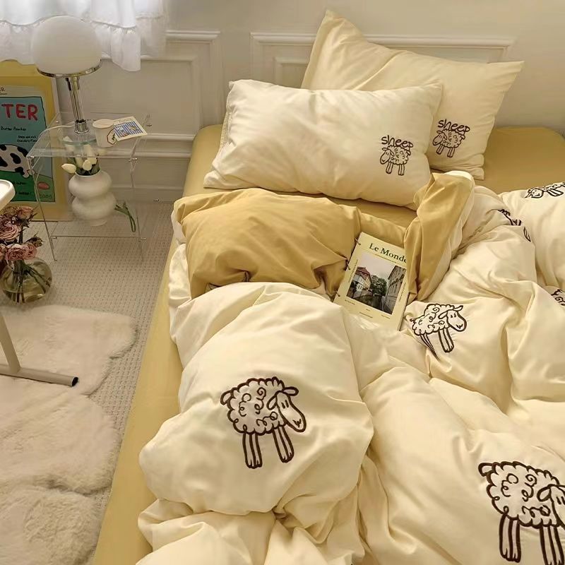 Little Sheep~Cotton Washed Cotton Brushed Embroidery Four-piece Set Dormitory Three-piece Set-Spring, Autumn and Winter High Gram Plus Cashmere