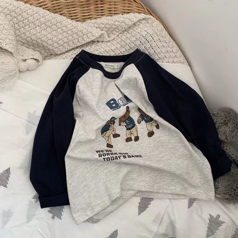 Pure cotton children's long-sleeved t-shirt 2022 spring and autumn new children's clothing contrasting color raglan cartoon printing male and female baby tops