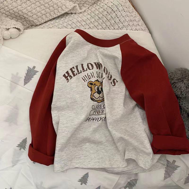 Pure cotton children's long-sleeved t-shirt 2022 spring and autumn new children's clothing contrasting color raglan cartoon printing male and female baby tops