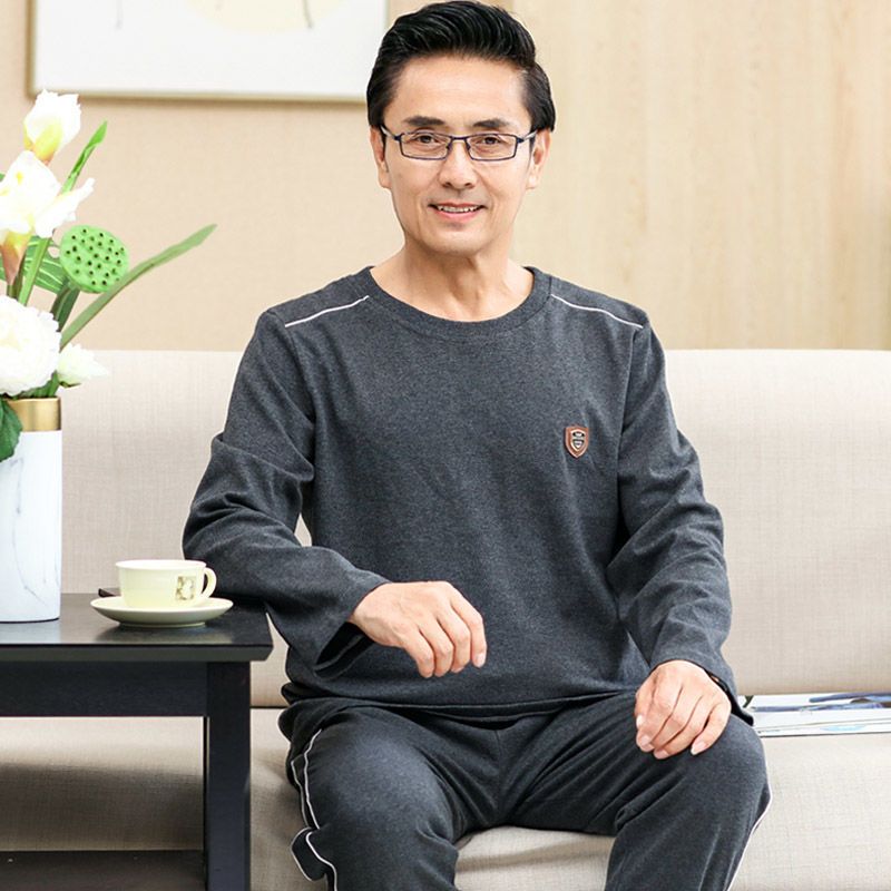 100%純棉睡衣男士春秋季長袖加大碼寬鬆圓領中老年爸爸套裝家居服