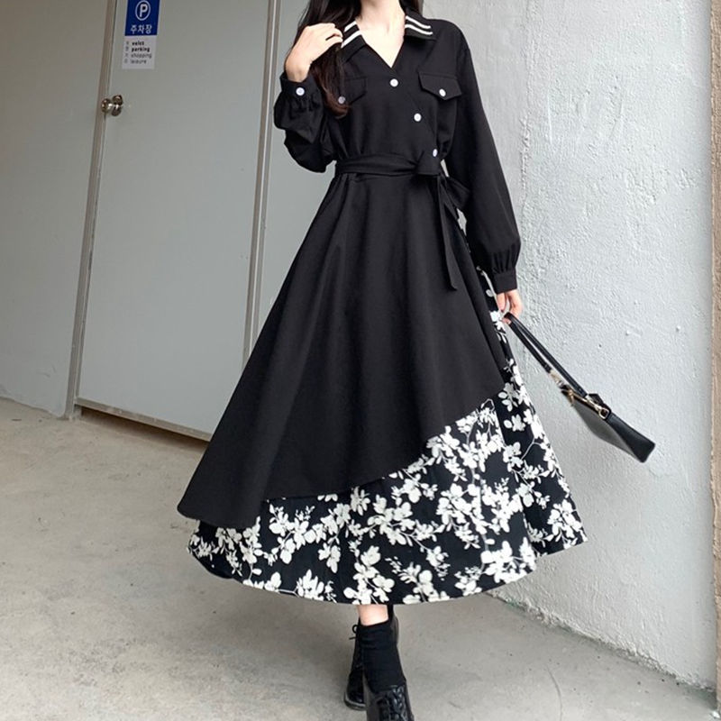 大碼別致長裙子女高級感法式不規則碎花連衣裙小眾設計顯瘦春秋季