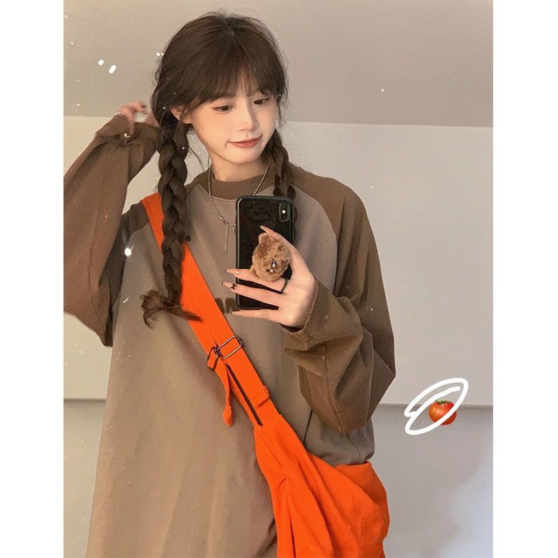 100% cotton American retro color matching long-sleeved T-shirt women's autumn new loose student bottoming shirt top ins tide