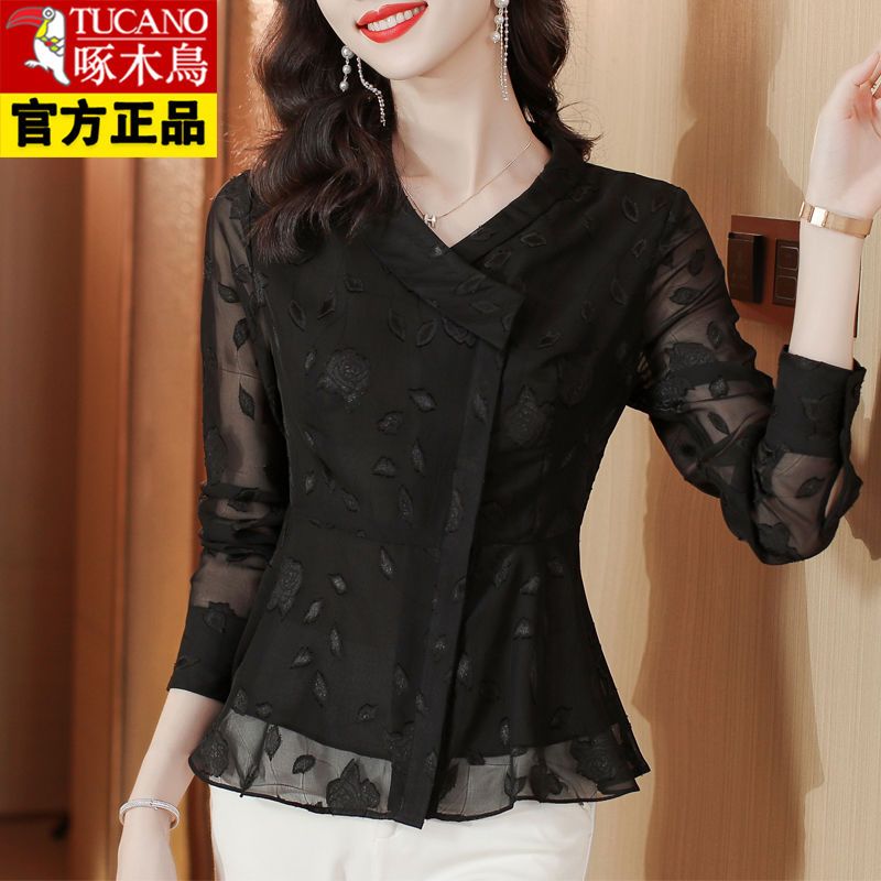 Woodpecker brand high-end chiffon shirt women  autumn new fashion temperament mom shirt top women's long-sleeved