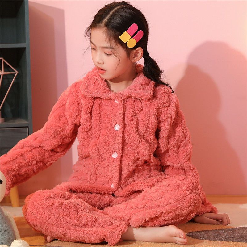 女童睡衣秋冬2022新款男兒童套裝冬季中大童加厚珊瑚絨保暖家居服