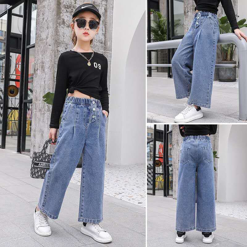 Children's clothing girls' jeans spring and autumn models middle and big children's casual fashion loose wide-leg baby girl children's trousers