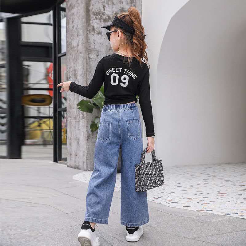 Children's clothing girls' jeans spring and autumn models middle and big children's casual fashion loose wide-leg baby girl children's trousers