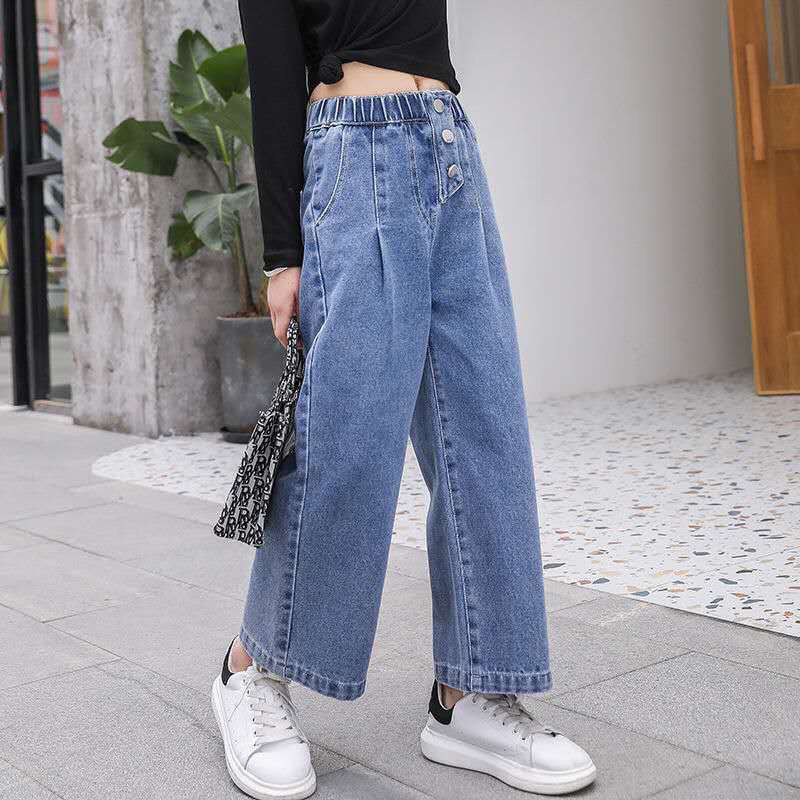 Children's clothing girls' jeans spring and autumn models middle and big children's casual fashion loose wide-leg baby girl children's trousers