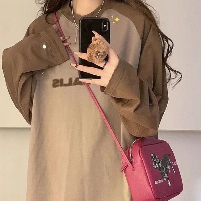 100% cotton American retro color matching long-sleeved T-shirt women's autumn new loose student bottoming shirt top ins tide