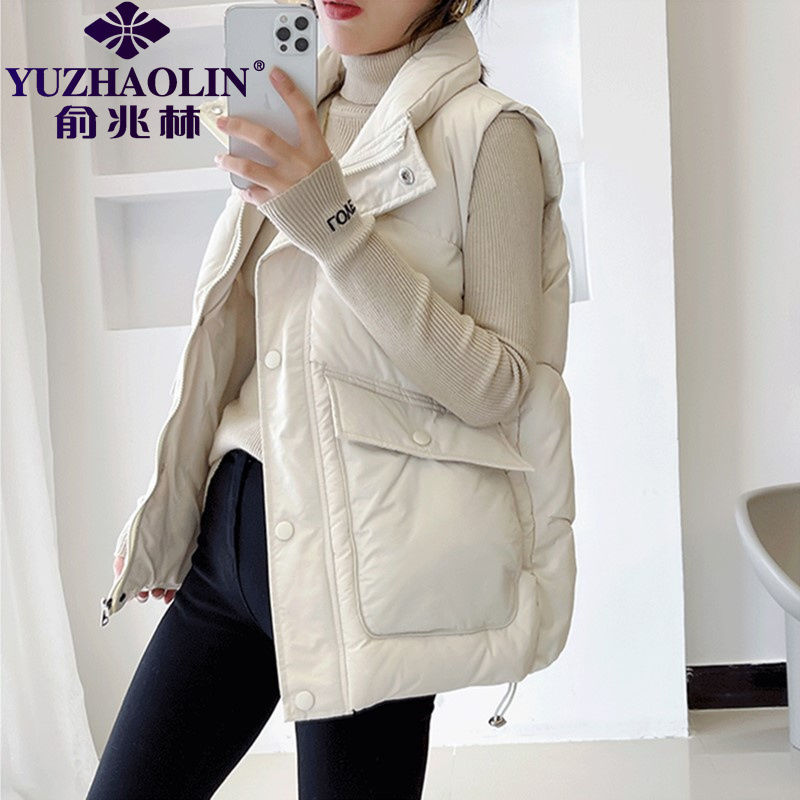 Yu Zhaolin fat mm down cotton vest female autumn and winter new all-match loose vest large pocket waistcoat vest jacket