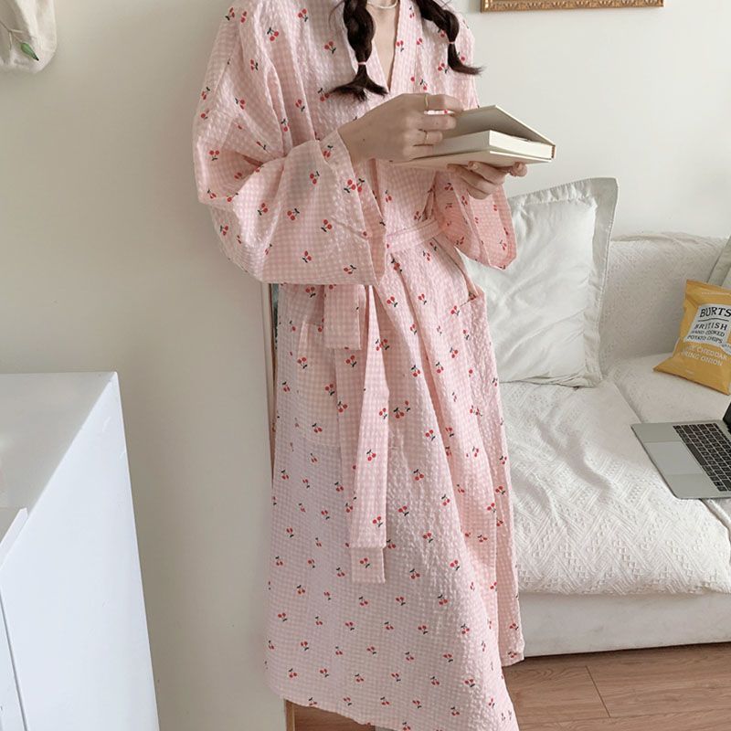 Korean version of cherry plaid nightgown strap design temperament lazy style dormitory sweet girl home service loose long skirt