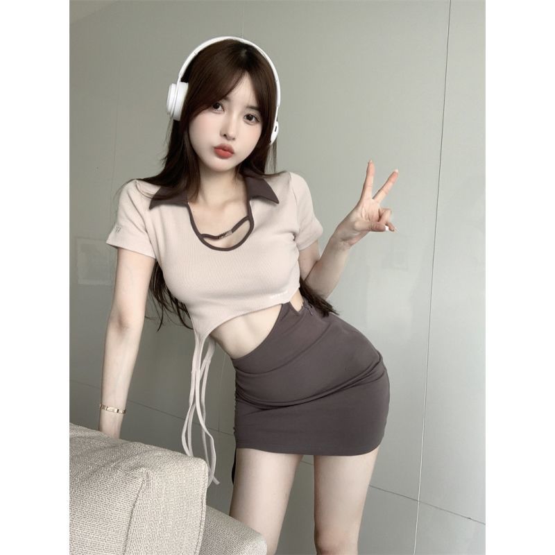 Square neck splicing short-sleeved dress women's 2022 summer new pure lust sweet hottie drawstring fake two-piece ins trend