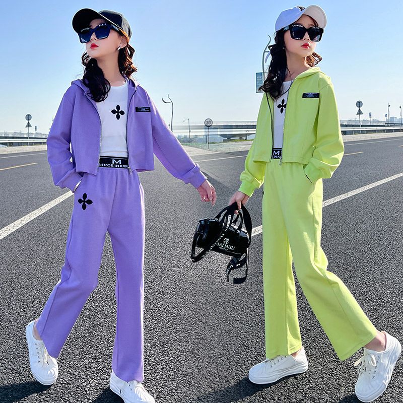 女童秋裝套裝2022新款大童兒童洋氣帽衫休閒開衫運動時髦三件套潮